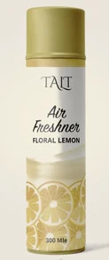 TALT floral lemon air freshener in a gold aerosol can