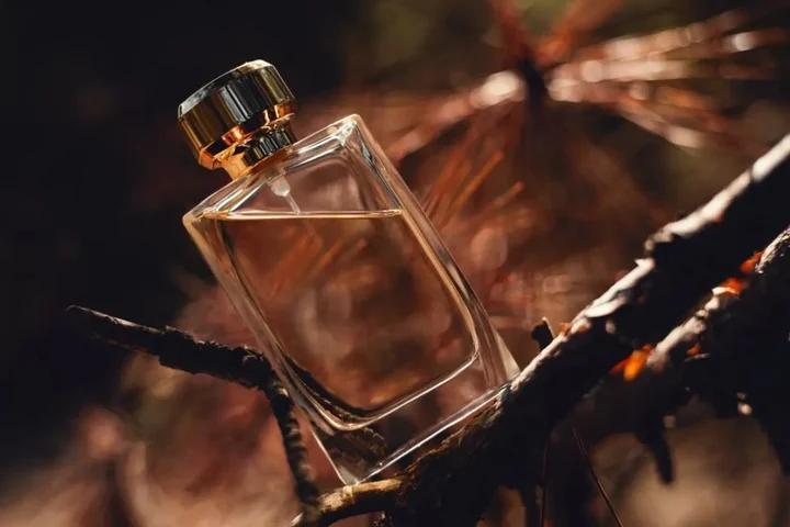 A glass perfume bottle resting in dry amber-lit pine branches